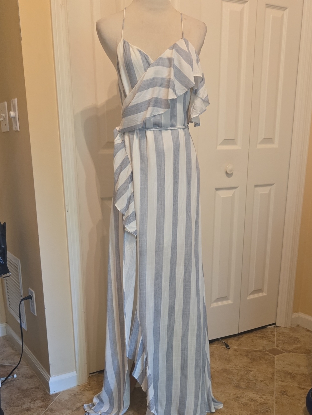 Luxxel Blue and White Striped Ruffle Maxi Dress Sz M